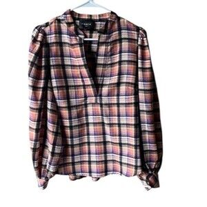 FRNCH Paris Medium Blouse Top Multicolor Plaid Balloon Sleeve Women’s